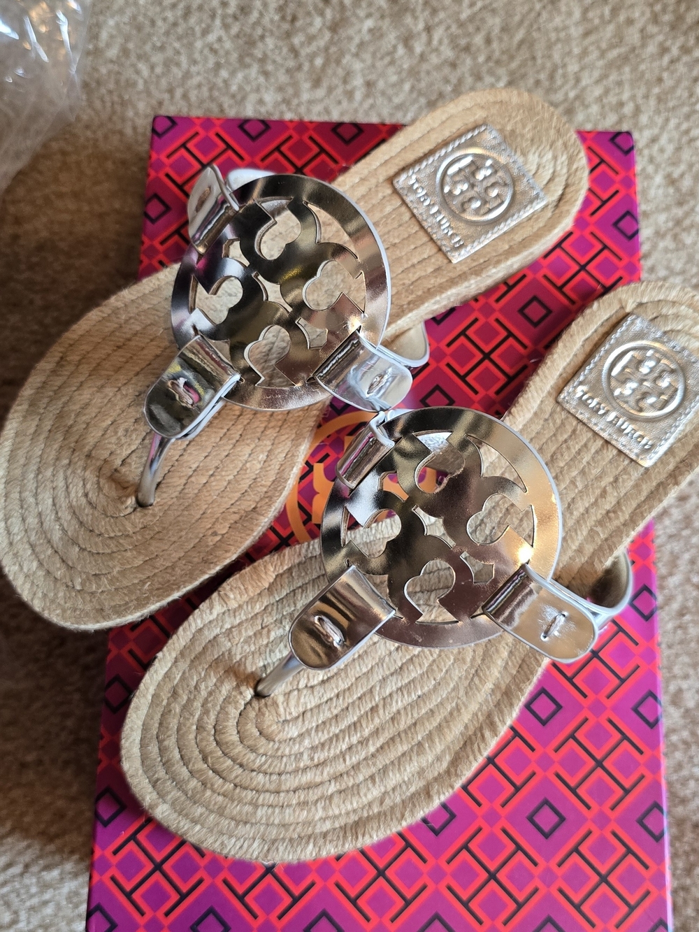 Tory Burch Miller Metallic Logo Rope Sandals - Silver & Natural
